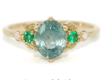 Custom Made 5 stone Hand Engraved Leaf Ring with Opals and Emeralds, Setting ONLY