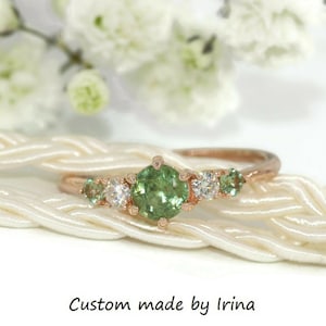 Green Unheated Montana Sapphire Ring, Round Teal Five Stone Unheated Natural Montana Sapphire Ring, 5 stone ring