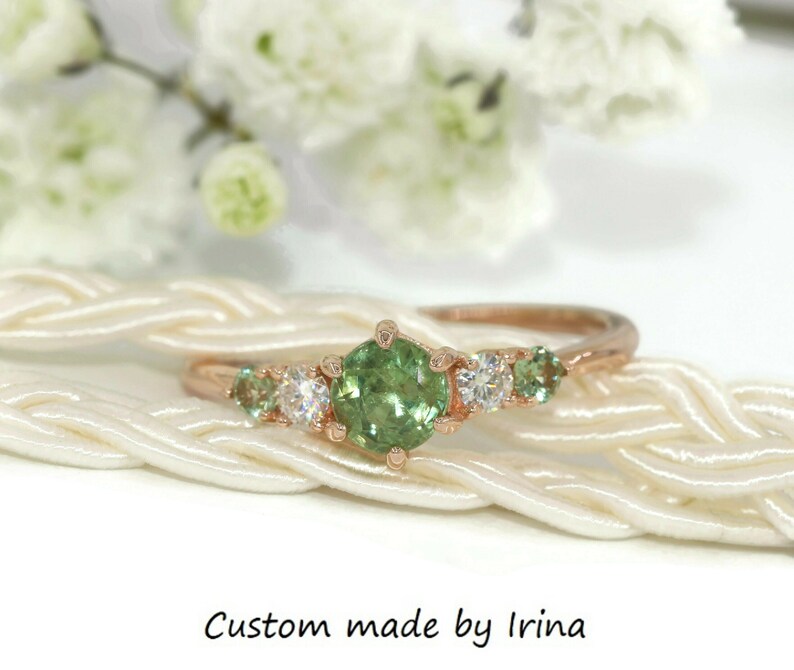 Green Unheated Montana Sapphire Ring, Round Teal Five Stone Unheated Natural Montana Sapphire Ring, 5 stone ring