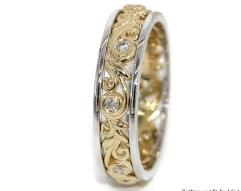 Mixed 14k Yellow and 14k White gold Vine Leaf Scroll Pattern Eternity Wedding Ring