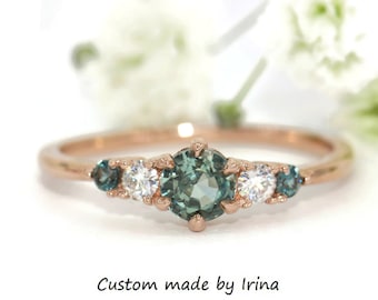 Pastel Teal Natural Montana Sapphire 5 Stone Dainty Ring