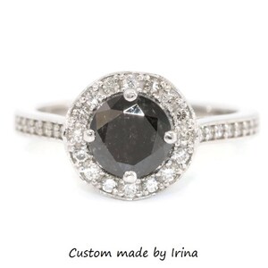 1 carat Black Natural Diamond Halo Leaf Filigree Engagement Ring