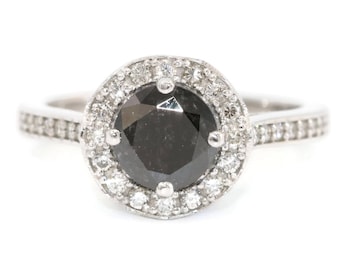 1 carat Black Natural Diamond Halo Leaf Filigree Engagement Ring