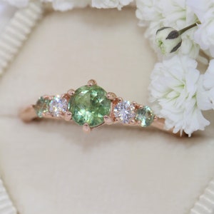 Green Unheated Montana Sapphire Ring, Round Teal Five Stone Unheated Natural Montana Sapphire Ring, 5 stone ring