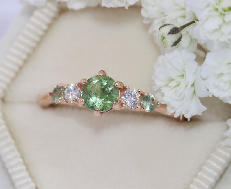 Green Unheated Montana Sapphire Ring, Round Teal Five Stone Unheated Natural Montana Sapphire Ring, 5 stone ring