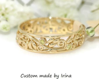 5 mm wide Lacework Scroll Pattern Vine Leaf Wedding Eternity Ring 14k solid gold