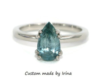 2 carat Pear Teal Blue Sapphire Double Prongs Engagement Ring