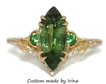 2.5 ct Natural Blue Green Marquise Green Sapphire Engagement Ring 14k Solid Gold