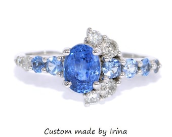1.2 carat Oval Natural Sapphire Ombre Half Moon Cluster Crescent Halo Ring