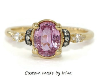 1.4 carat Oval Pink Natural Sapphire and Natural Kite Diamond Engagement Ring