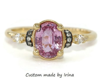 1.4 carat Oval Pink Natural Sapphire and Natural Kite Diamond Gems Engagement Ring
