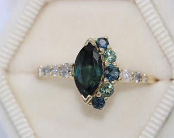 1.3 carat Blue Green Marquise Shape Natural Sapphire Ombre Crescent Cluster Engagement Ring