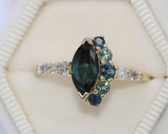 Blue Green Marquise Sapphire Cluster Ombre Engagement Ring Custom Made