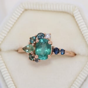Ombre Teal Blue Green 1 carat Natural Tourmaline Cluster Ring