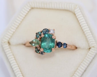 Ombre Teal Blue Green 1 carat Natural Tourmaline Cluster Ring