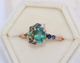 Ombre Teal Blue Green Tourmaline Cluster Ring