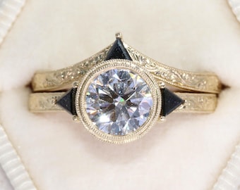 Hand Engraved 1.5 ct IGI Certified Lab Diamond Bezel Set Engagement Ring Bridal Set Custom Made
