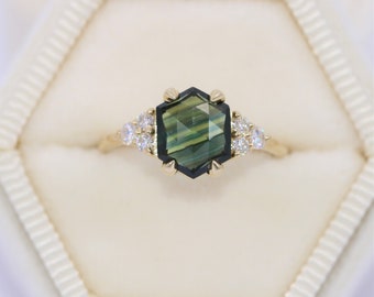 Hexagon Parti Blue Green Sapphire Ring