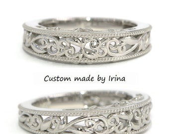Milgrain Leaf Vine Scroll Pattern Filigree Rustic Wedding Ring Custom-made
