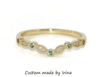 Dainty Beaded Scalloped Natural Diamond and Alexandrite Gemstones Ring