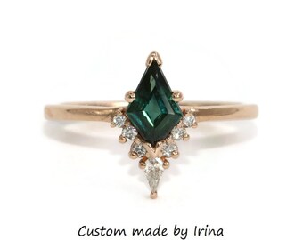 Custom Made Kite Teal Green Natural Sapphire and Kite Diamond Sunburst Ring 14k Gold