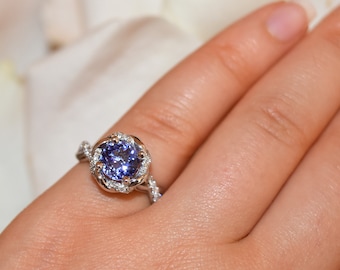 Rope Diamond Halo 1 carat Natural Tanzanite Engagement Ring