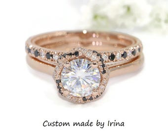 2 carat IGI Certified Lab Diamond Engagement Rings Set with Rope Black and White Halo