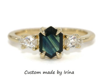 Low Profile 1 carat Hexagon Blue Green Natural Sapphire + Pear Natural Diamonds 3 Stone Ring