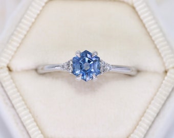 Natural Hexagon Blue Sapphire and Natural Diamonds Cluster Engagement Ring 14k White Gold