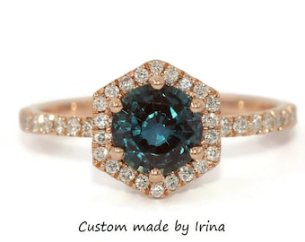 1 carat Lab Alexandrite Hexagon Natural Diamond Halo Engagement Ring