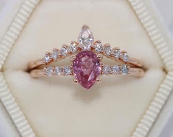 1 carat Pear Pink Natural Sapphire Engagement Rings Set