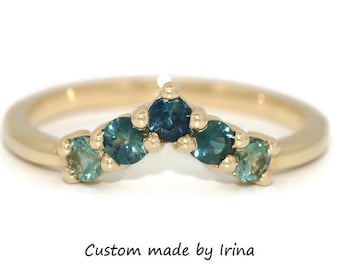 Flair Ombre Green Blue 5 Stones Natural Sapphires Cluster Ring