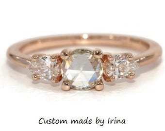Custom Made Rose Cut Natural Diamond 3 Stone Engagement Ring