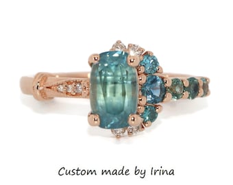 Custom-made Sea Foam Teal Green Cluster Engagement Ring, SETTING ONLY