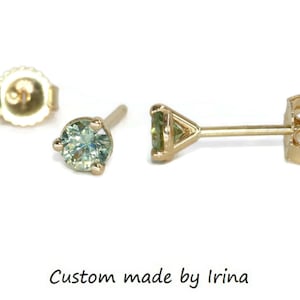 Martini Round Pastel Teal Green Natural Sapphire Stud Earrings 14k Solid Gold