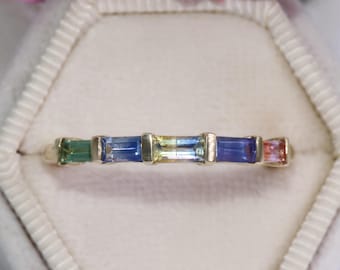 Ombre Colorful Baguette Natural Sapphires Cluster Ring 14k Solid Gold