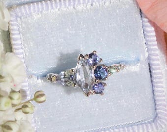 Half Moon Halo Blue Sapphire Ombre Cluster Engagement Ring