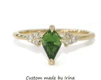 Kite Green Natural Sapphire + Natural Diamonds Engagement Ring 14k Solid Gold