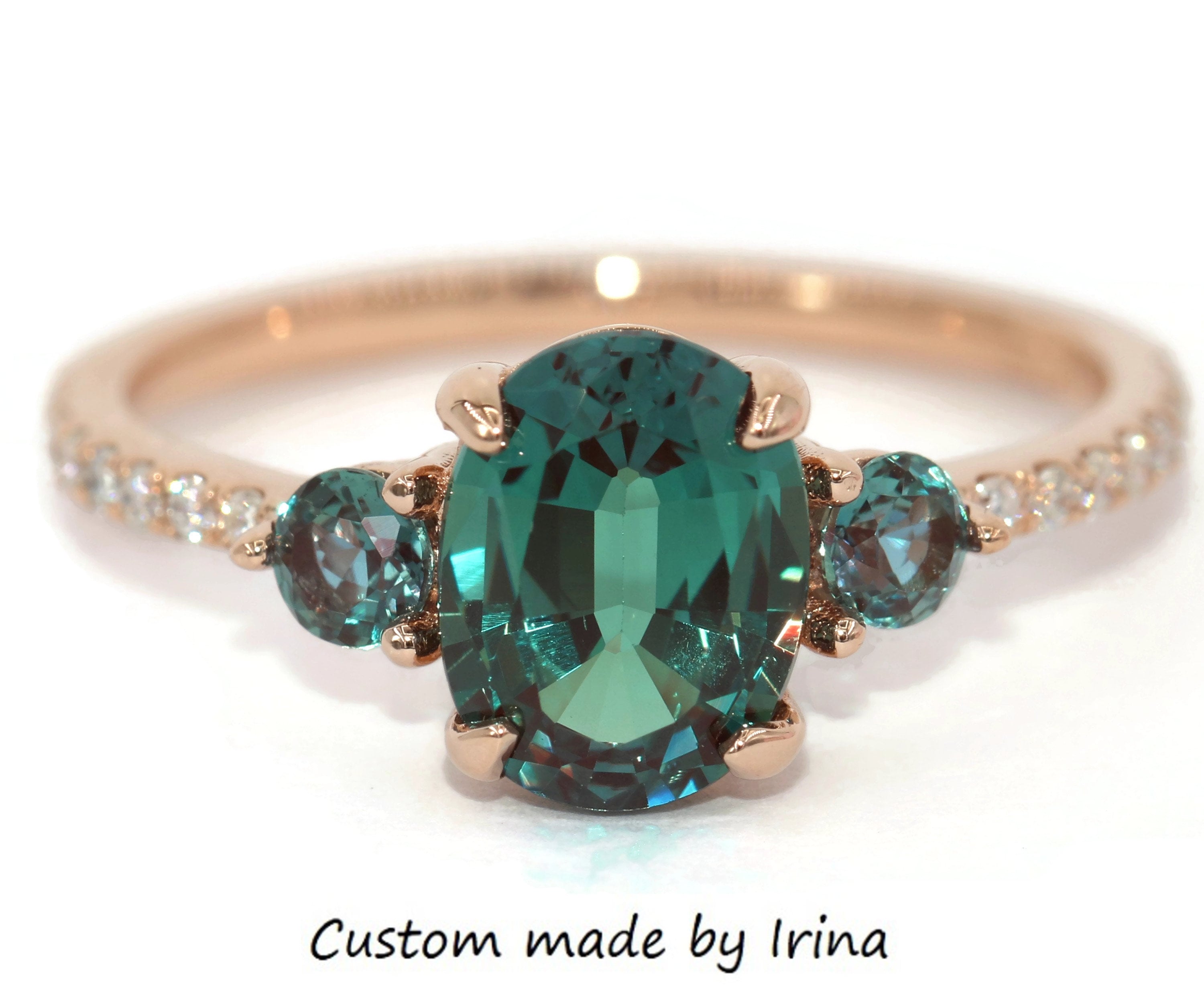 3 Stone Alexandrite Ring, Oval Alexandrite Engagement Ring, Custom Made