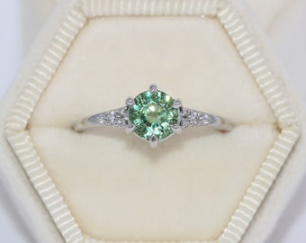 1 carat Green Natural Sapphire 6 Prongs Diamond Engagement Ring