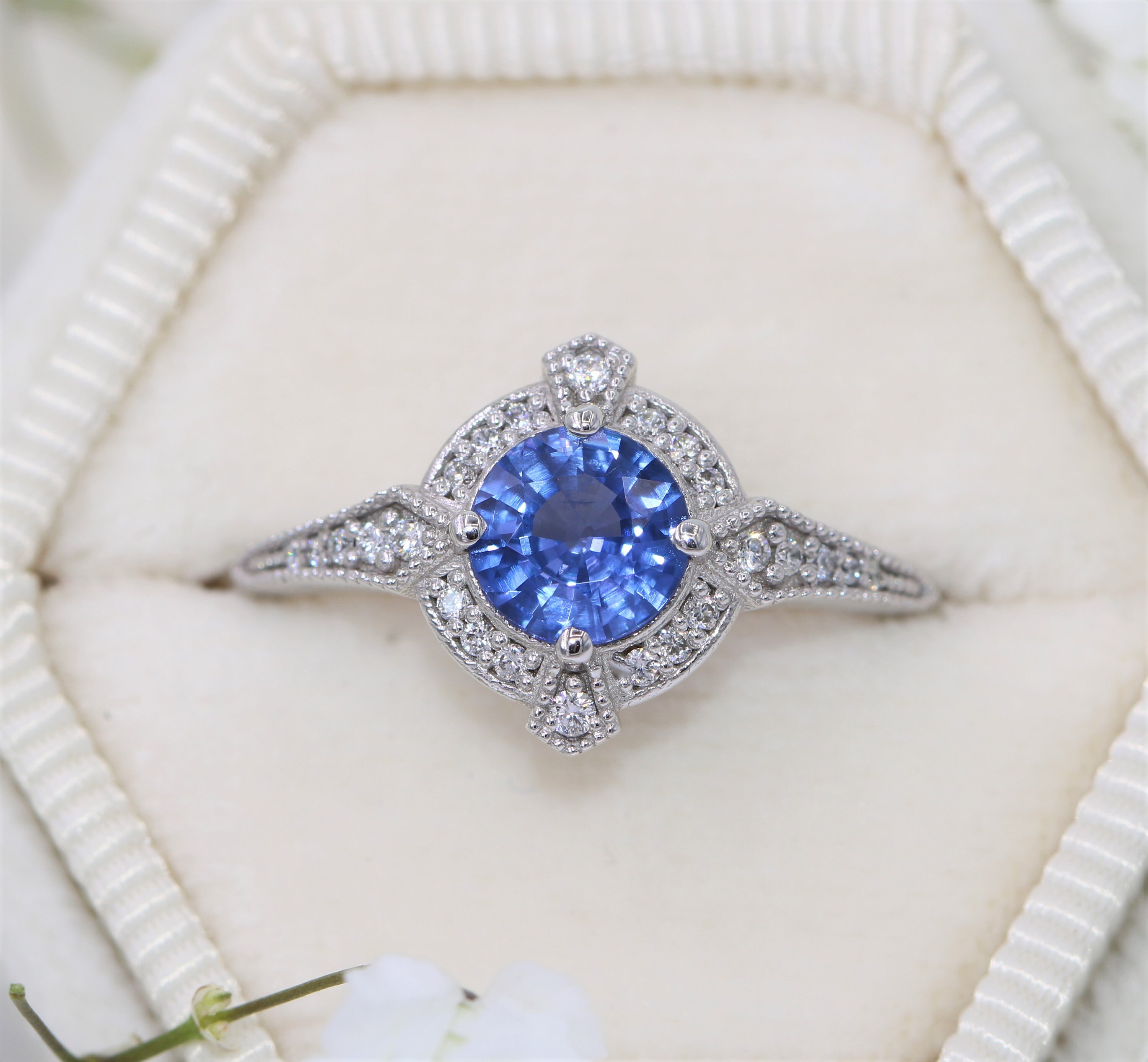 1 carat Blue Ceylon Sapphire Engagement Ring, Vintage Style Sapphire Diamond Ring, Edwardian