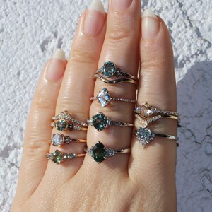 Point no point studio, Green Montana Sapphire Five Stone Ring 14k Rose Gold, Green Unheated Montana Sapphire Rings set by Irina, Round Teal Five Stone Unheated Natural Montana Sapphire Ring, 5 stone rings