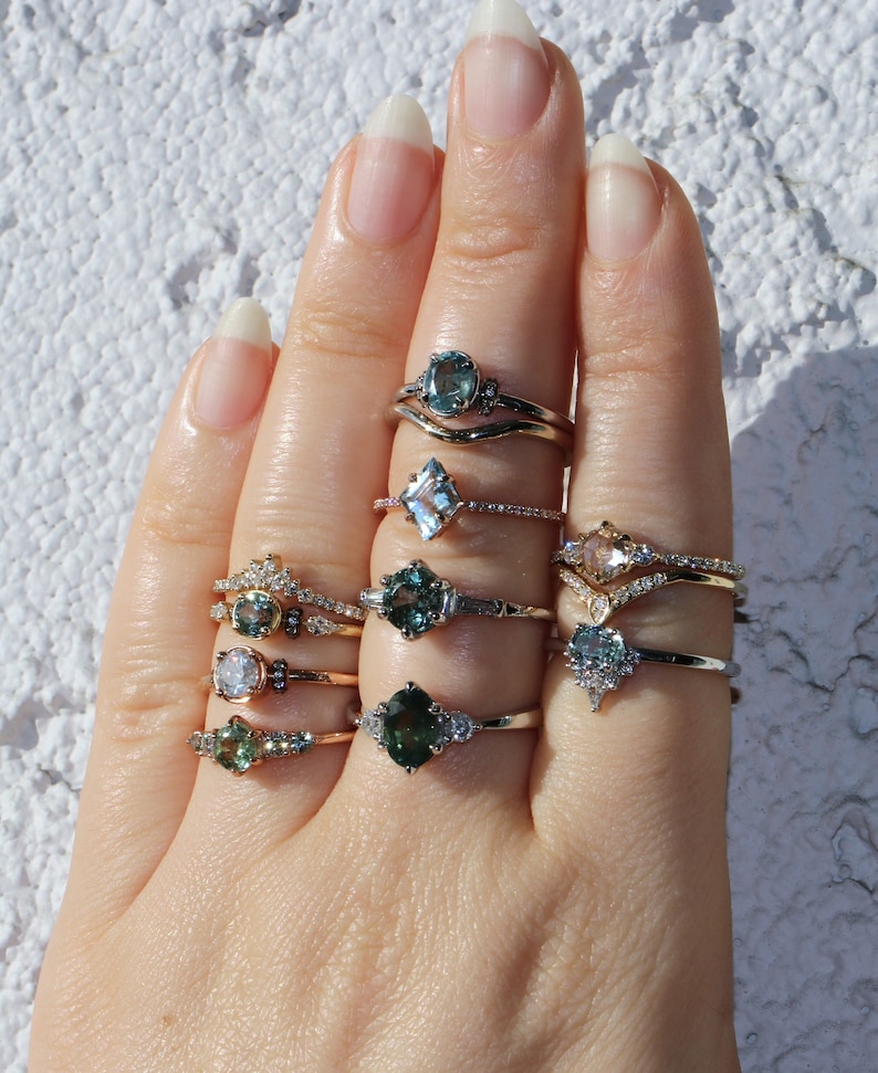 Point no point studio, Green Montana Sapphire Five Stone Ring 14k Rose Gold, Green Unheated Montana Sapphire Rings set by Irina, Round Teal Five Stone Unheated Natural Montana Sapphire Ring, 5 stone rings