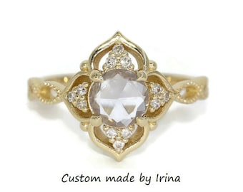 Custom Made Vintage Inspired Natural White Sapphire and Diamonds 14k Solid Gold Engagement Ring
