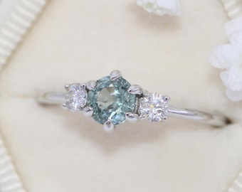 Pastel Blue Unheated Natural Montana Sapphire Three Stone Ring 14k Solid Gold