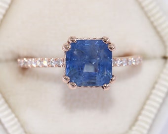 2.5 carat Natural Sapphire Hidden Diamond Halo Engagement Ring 14k Rose Gold