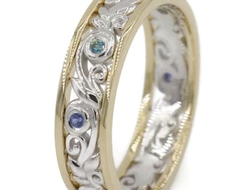Nature Inspired Rustic Organic Vine Leaf Pattern Eternity Ring 14k Mixed Bi-color Solid Gold