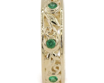 Lace Leaf Vine Filigree Scroll Emerald Wedding Eternity Ring Designed by Irina