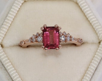 Custom Made 1 ct Pink Tourmaline + Scattered Diamonds Cluster Ring