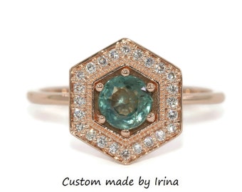 Hexagon Diamond Halo Teal Blue Green Natural Montana Sapphire Ring 14k Rose Gold